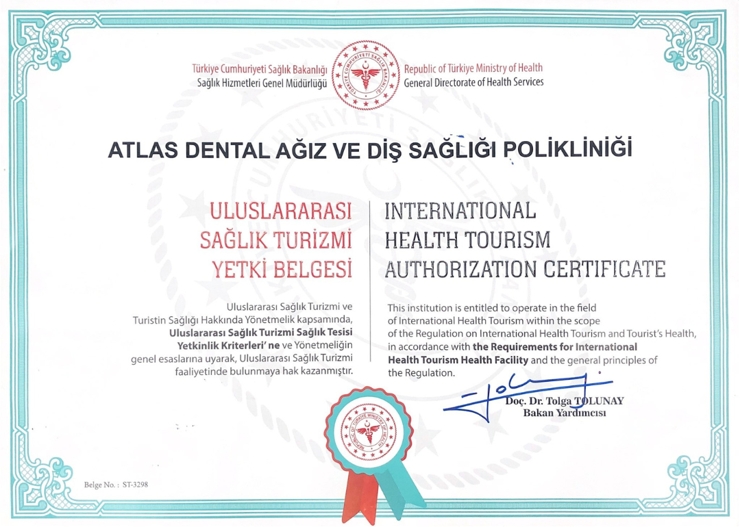 Atlas Dental Turkey Health Tourism Certificate